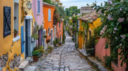 A traditional cobbled alley decorated with vibrant colored houses and flowering plants in a European village