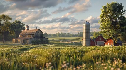 A farmhouse with a large barn and silo in the background. - Powered by Adobe
