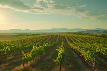 Fototapeta premium Expansive vineyards filled with ripe grapes, showcasing the beauty and abundance of large plantations.