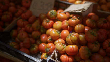 Fresh tomatoes are displayed in a vibrant outdoor market setting, highlighting the delicious produce ready for sale under natural sunlight.