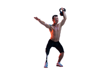 Powerful depiction of man, athlete with prosthetic leg lifting kettlebell isolated on transparent background. Muscular physique. Concept of inclusive sport, motivation, heath care, endurance