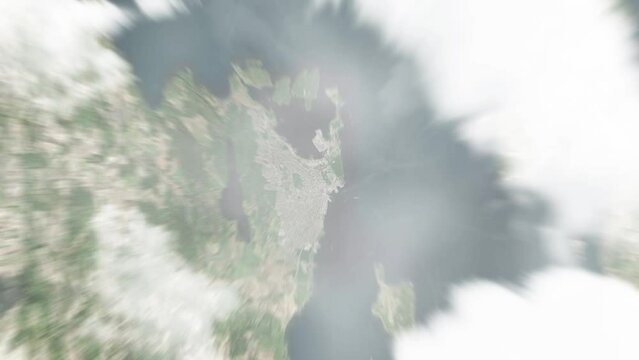 Earth zoom in from space to Horten, Norway. Followed by zoom out through clouds and atmosphere into space. Satellite view. Travel intro. Images from NASA
