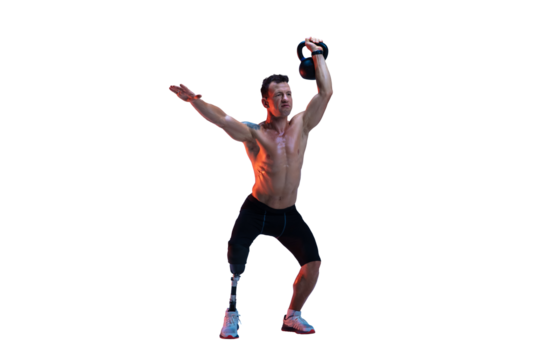 Powerful depiction of man, athlete with prosthetic leg lifting kettlebell isolated on transparent background. Muscular physique. Concept of inclusive sport, motivation, heath care, endurance