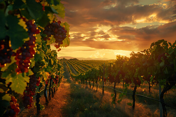 Naklejka premium Expansive vineyards filled with ripe grapes, showcasing the beauty and abundance of large plantations.