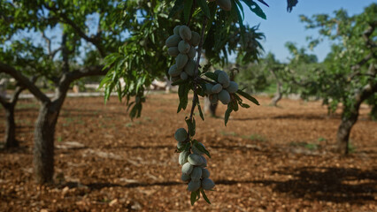 A close-up of almond tree branches with clusters of green almonds in a sunlit orchard in puglia,...