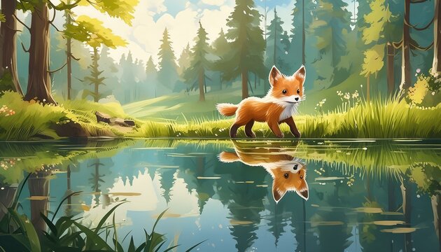 red fox in the lake