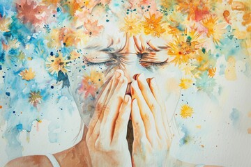 Fototapeta premium Pollen Allergy Attack Depicted in Watercolor Illustration