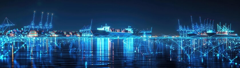 Obraz premium The interplay of sunset and industry at a cargo terminal, with container ships and cranes visualizing global supply chain processes