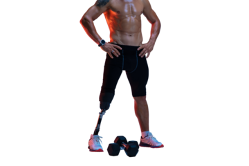 Sweat athletic man with prosthetic leg, shirtless man with muscular body training with dumbbells isolated on transparent background. Concept of inclusive sport, motivation, heath care, endurance