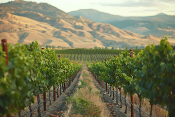 Fototapeta premium Expansive vineyards filled with ripe grapes, showcasing the beauty and abundance of large plantations.