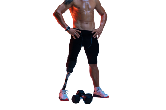 Sweat athletic man with prosthetic leg, shirtless man with muscular body training with dumbbells isolated on transparent background. Concept of inclusive sport, motivation, heath care, endurance