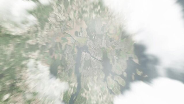 Earth zoom in from space to Tonsberg, Norway. Followed by zoom out through clouds and atmosphere into space. Satellite view. Travel intro. Images from NASA