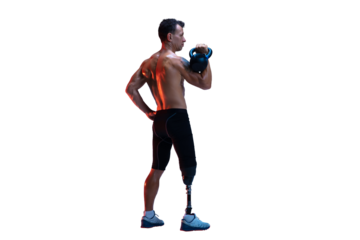 Muscular shirtless man, athlete with prosthetic leg lifting kettlebell isolated on transparent background. Concept of inclusive sport, motivation, heath care, endurance