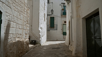Fototapeta premium A quaint alleyway with whitewashed stone buildings, green doors, and wrought iron railings in ostuni, puglia, italy, europe.