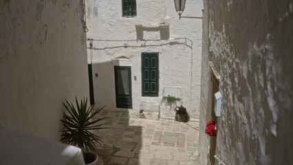 Naklejka premium A quiet alley in ostuni, puglia, italy, with whitewashed walls, green doors, a potted plant, and cobblestone path, highlighting the charm of european architecture and mediterranean ambiance.