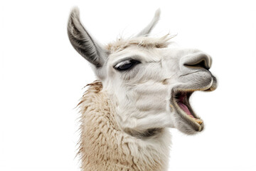 A llama with its mouth open, appearing to laugh, isolated on a white background