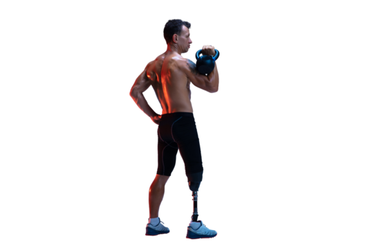 Muscular shirtless man, athlete with prosthetic leg lifting kettlebell isolated on transparent background. Concept of inclusive sport, motivation, heath care, endurance