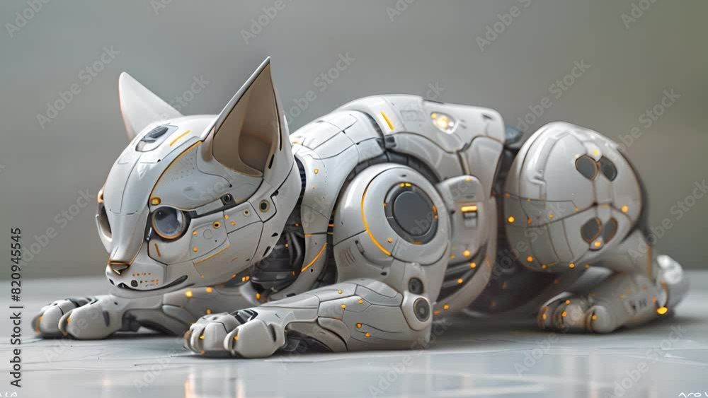 Poster This white robot cat laying down on a grey surface. White Robot Cat Resting on Grey Surface