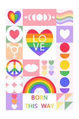 Trendy bright celebration card of Pride Month. Modern simply design in geometric style. Stylized shapes of hearts, rainbow, lips, LGBT symbols. Creative concept for poster, banner, branding, cover.