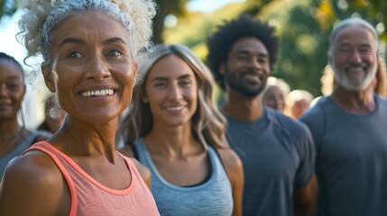 Fototapeta premium Diverse group of happy people enjoying outdoor activities. Smiling faces in natural light. Perfect for health, fitness, and community concepts. AI