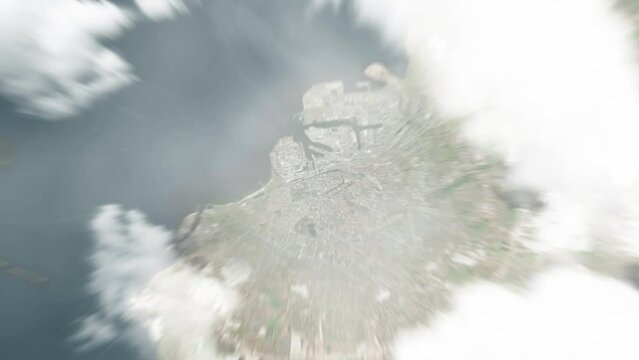 Earth zoom in from space to Malmo, Sweden. Followed by zoom out through clouds and atmosphere into space. Satellite view. Travel intro. Images from NASA