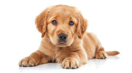Front view of a cute golden Labrador Retriever puppy dog sitting lying down isolated on a white...