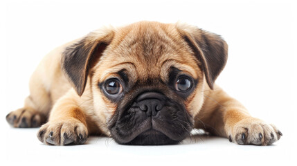 Obraz premium Front view of a cute brown Pug puppy dog sitting lying down isolated on a white background