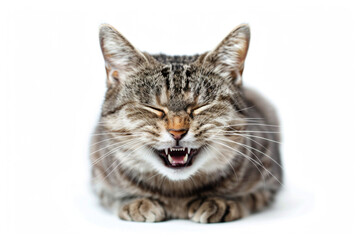 A cat with a wide grin, looking mischievous, isolated on a white background