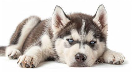 Obraz premium Front view of a cute Siberian Husky puppy sitting lying down isolated on a white background