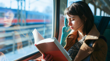 A woman deeply engrossed in reading while traveling on a train