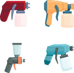 Spray gun icons set cartoon vector. Pistol pulverizer with nozzle. Industrial and artistic painting