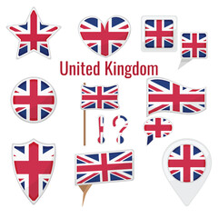 Various UK United Kingdom flags set on pole, table flag, mark, star badge and different shapes badges. Patriotic Great Britain sticker