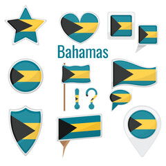 Various Bahamas flags set on pole, table flag, mark, star badge and different shapes badges. Patriotic Bahamnian sticker