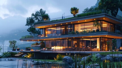 A modern house with floor-to-ceiling windows and a flat roof.