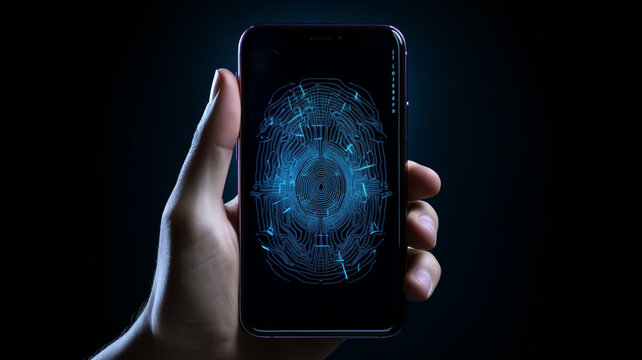 Hand holding a smartphone with a digital fingerprint on the screen. Close-up photograph with dark background and blue neon lighting. Technology and biometric security concept. Design for poster