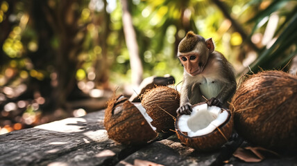 Baby monkey with coconuts on a wooden table in a tropical setting. Outdoor photograph with natural lighting. Wildlife and nature interaction concept. Design for poster, greeting card, invitation - Powered by Adobe