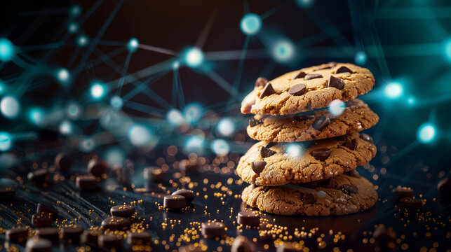 Stack of chocolate chips cookies on data background, banner with copy space for text. Online privacy, data protection, and internet security. Accept Website cookie concept