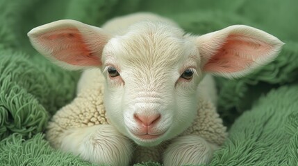 Fototapeta premium Serene White Lamb on Green Felt