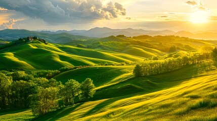 Beautiful green hills illuminated by sunset light. Inspiring landscape with rolling hills, natural scenery for backgrounds or wallpapers. AI