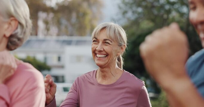 Happy, exercise and senior people in park for wellness, active lifestyle and mobility outdoors. Retirement, fitness and elderly men and women in nursing home garden for workout, training and yoga