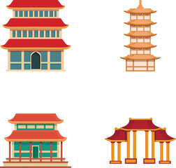 Chinese building icons set cartoon vector. Asian traditional pagoda. Oriental ancient architecture
