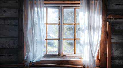 A wooden window frame of a quaint cottage in the countryside