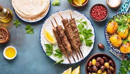 middle eastern arabic or mediterranean dinner table with grilled lamb kebab generative ai