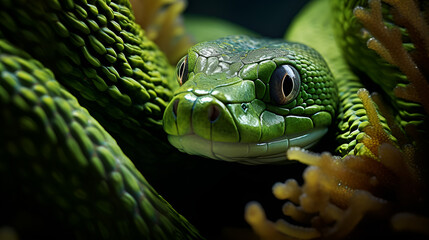 Close up view of a dangerous green snake