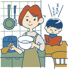 音読宿題をする子どもをキッチンで見守るお母さん