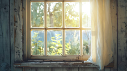 A wooden window frame of a quaint cottage in the countryside