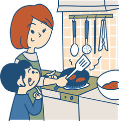 キッチンで子供の前で料理するお母さんと覗き込む息子くん
