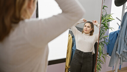 A young hispanic woman styles her hair in a modern dressing room, reflecting an image of beauty and...