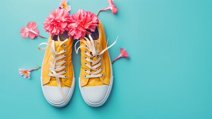 Bright yellow sneakers with pink flowers on turquoise background. Fun and colorful photography. Great for fashion or lifestyle themes. AI