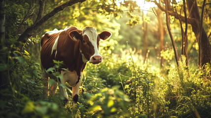 Cow standing in a sunlit forest clearing surrounded by green foliage. Outdoor photograph with natural lighting. Agriculture and rural life concept. Design for poster, banner, postcard, header. - Powered by Adobe
